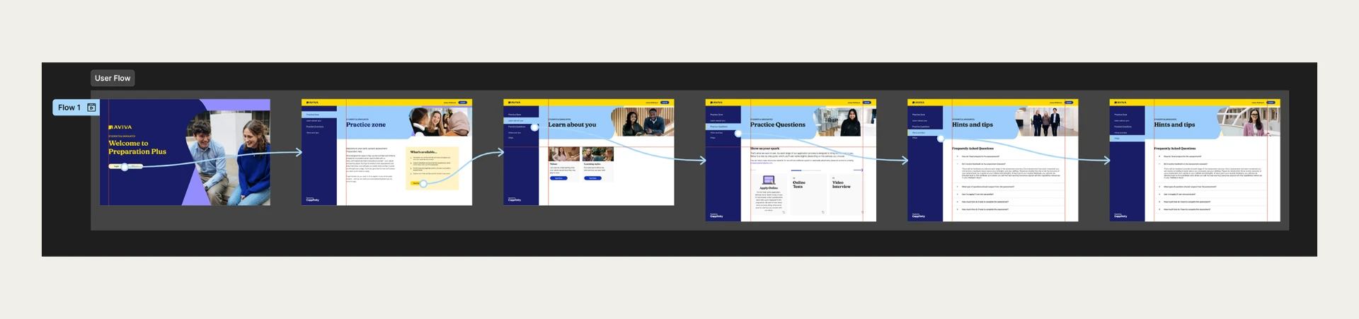 Aviva Preparation Plus user flow showing the journey from welcome screen through practice zone, learn about you, practice questions and hints and tips screens