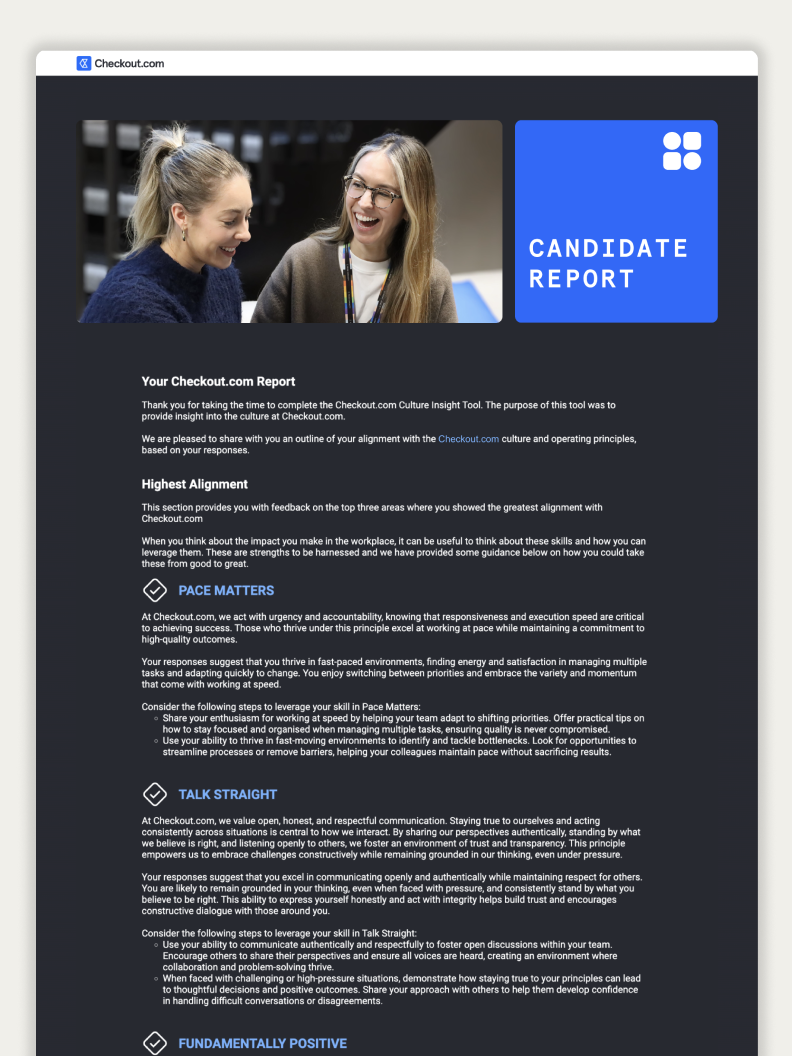 Candidate Report screen giving personalised feedback and development suggestions for the highest alignment areas