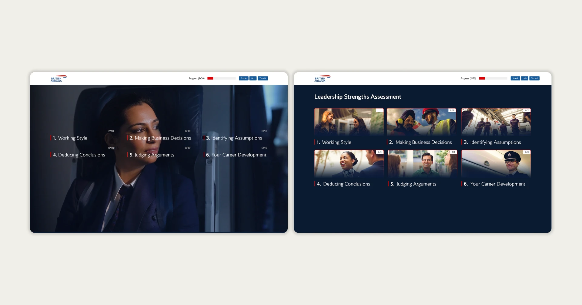 British Airways Leadership Strengths Assessment desktop screens, showing six assessment modules over a cabin photograph and as a card grid on a navy dashboard