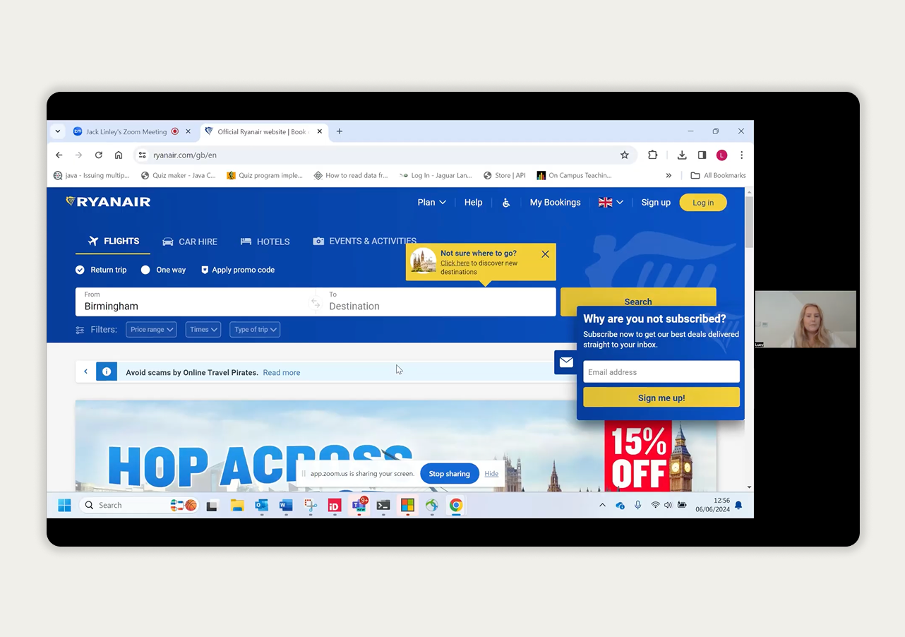 Moderated usability testing session over video call, with a participant sharing the Ryanair flight search page