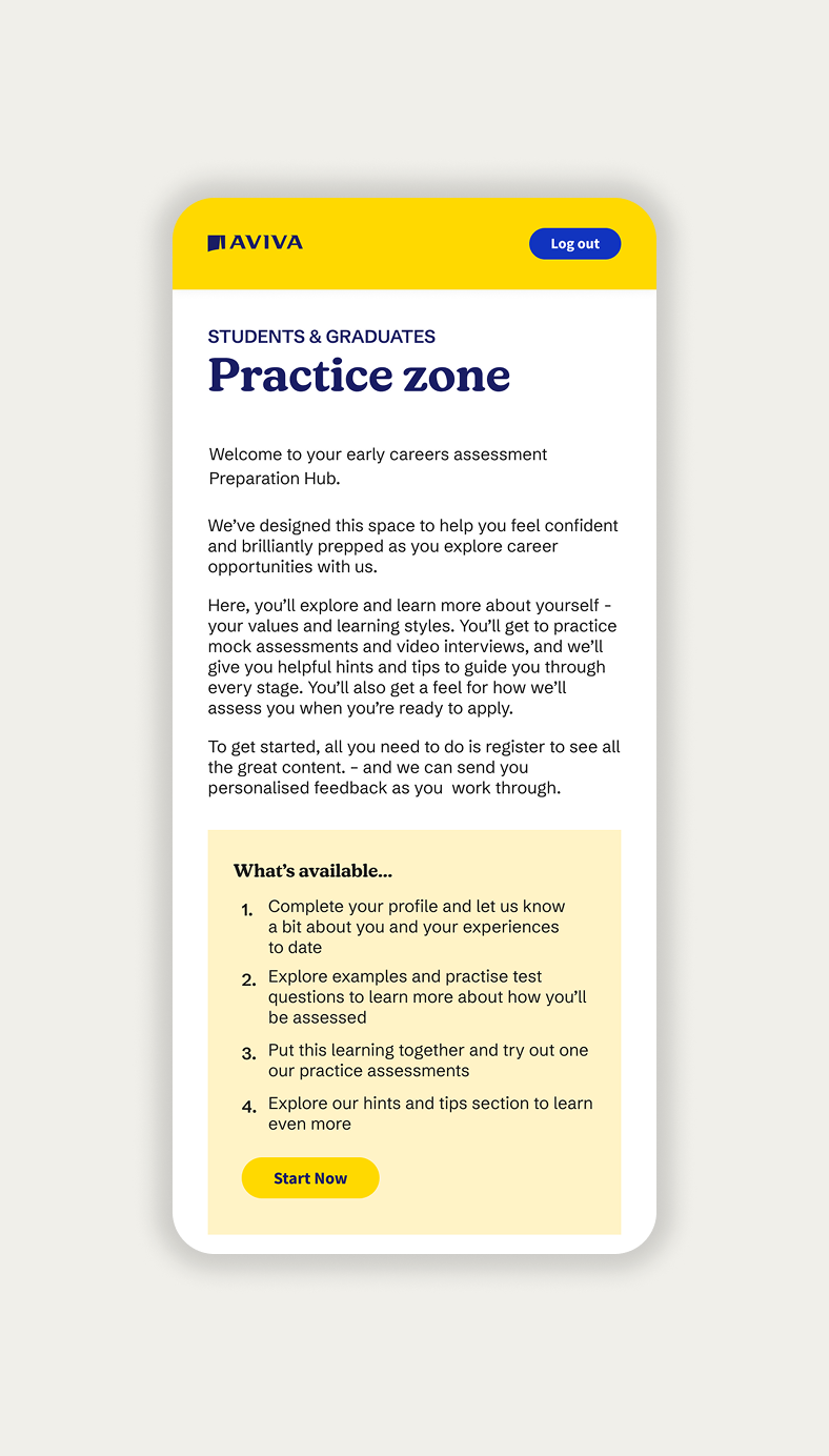 Aviva Preparation Hub 'Practice zone' screen on mobile