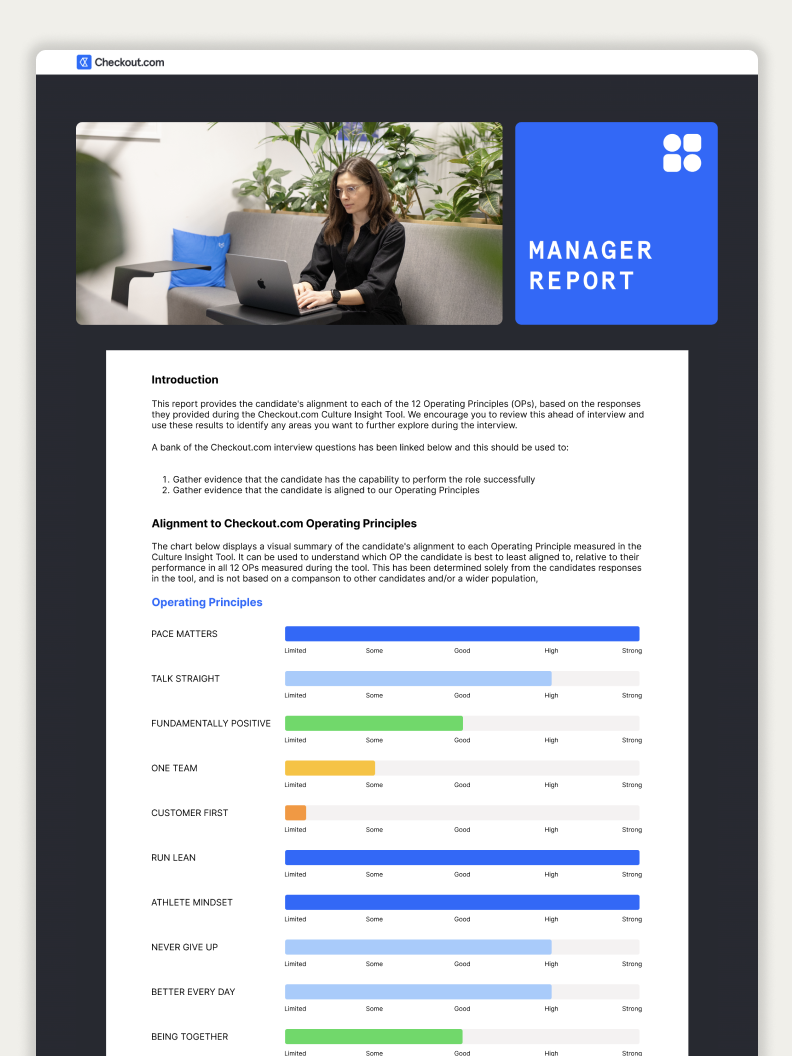 Manager Report screen showing a candidate's alignment to Checkout.com's Operating Principles with rated bars