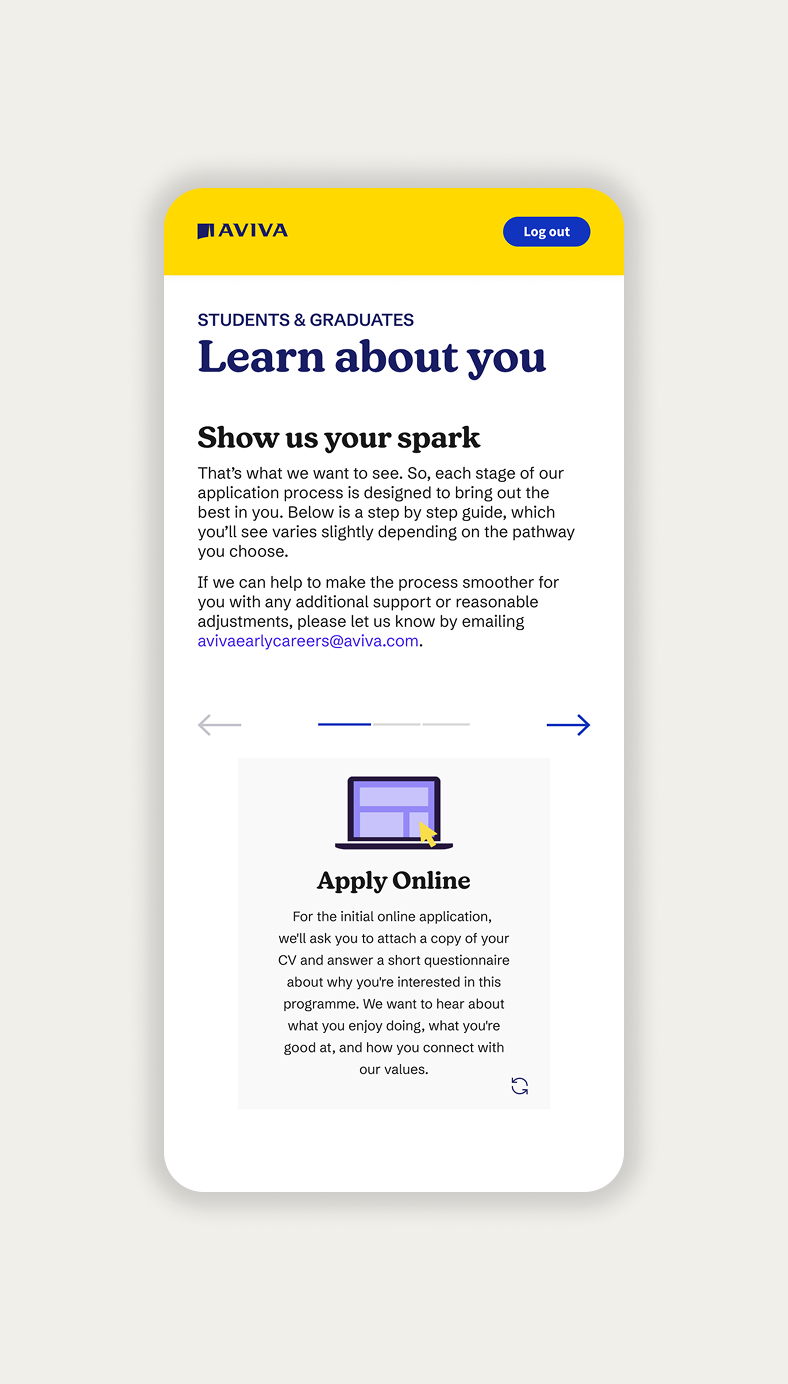 Aviva 'Learn about you' application steps on mobile