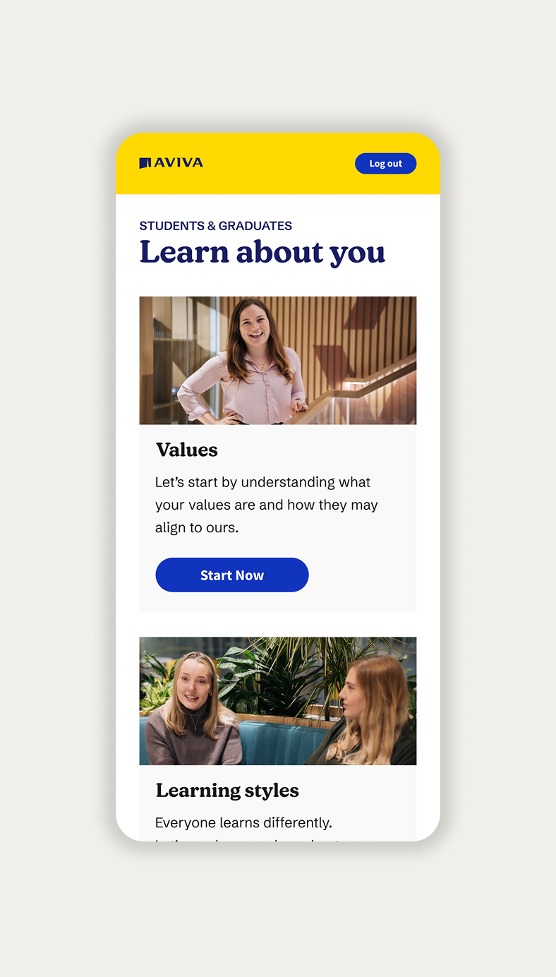 Aviva 'Learn about you' values and learning styles screens on mobile