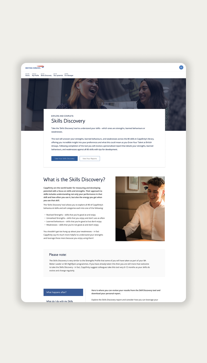 Grow Your Talent Skills Discovery page, explaining realised strengths, unrealised strengths, learned behaviours and weaknesses