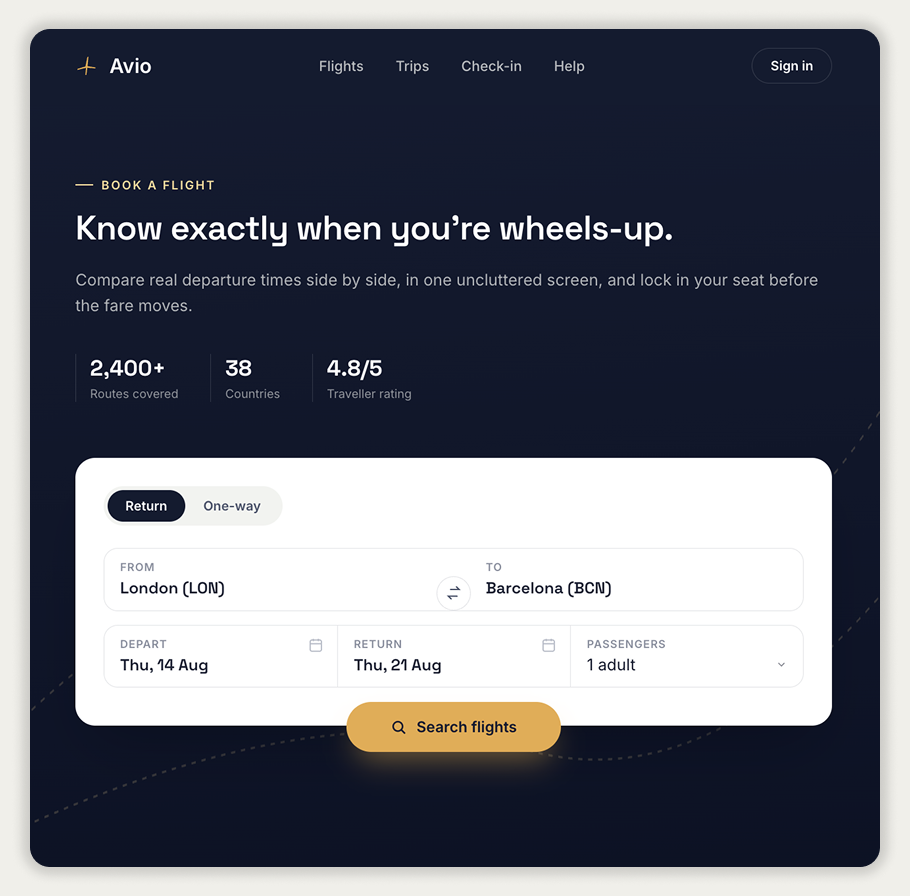 Final prototype homepage of the flight booking app, with the booking form showing departure and return dates, passengers and a search button