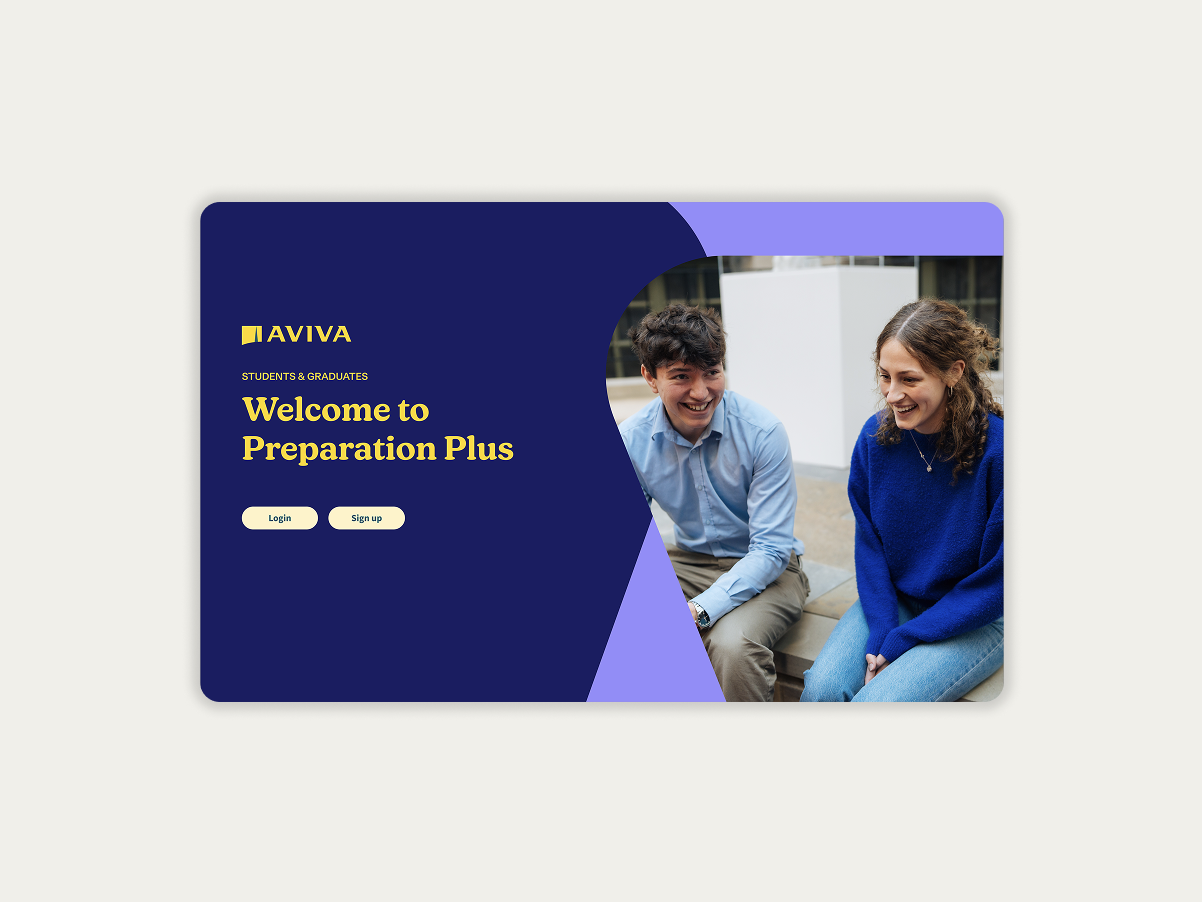Aviva Preparation Plus welcome screen with login and sign-up options