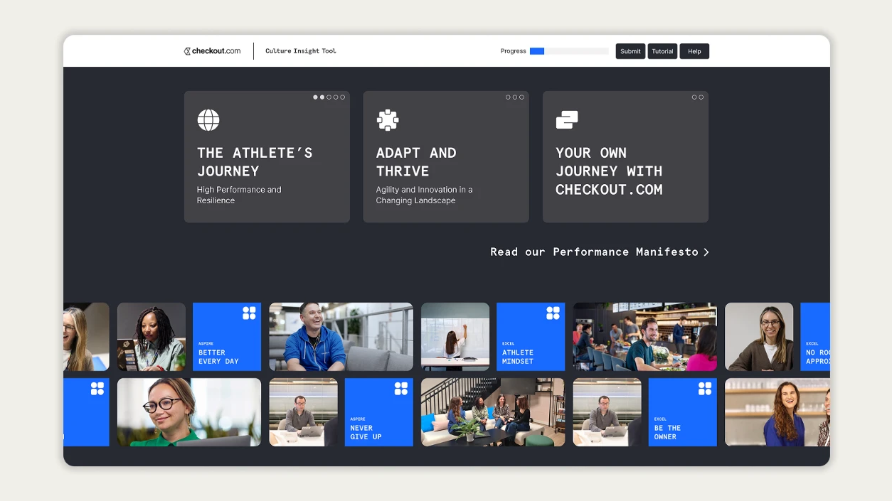 Culture Insight Tool homepage on desktop, showing three featured journeys above a grid of Operating Principles tiles
