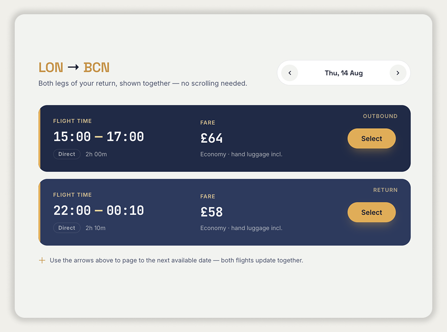 Final prototype results page of the flight booking app, showing outbound and return flight times, fares and select buttons side by side