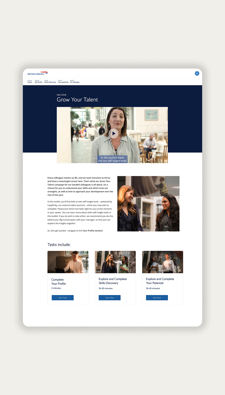 British Airways Grow Your Talent portal welcome page, with an introductory video, an overview of the toolkit and three task cards